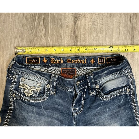 Rock Revival Jaylyn Jeans Size 27 x 20 Distressed Capri Crop EUC‎ Rhinestone - Picture 5 of 10